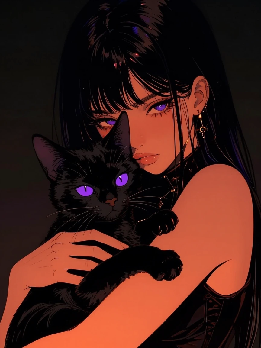 masterpiece, best quality, 1girl, hugging cat, very cute, black cat, purple glowing eyes, dark hair, looking at viewer, high contrast, dark background