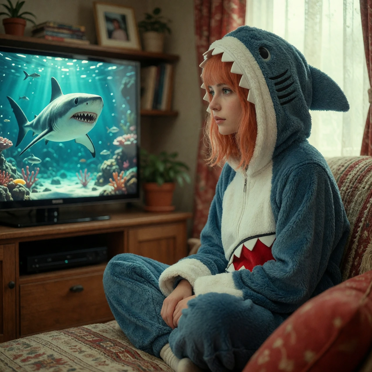 Beautiful Scene Woman wearing cute shark onesie sitting on the couch watching shark Week tv show on tv