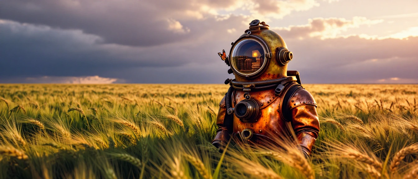 Photograph a Victorian-era deep-sea diving suit standing upright in the middle of a sun-drenched wheat field at golden hour, its weathered brass helmet catching warm amber light while a single monarch butterfly rests on the corroded porthole glass. T