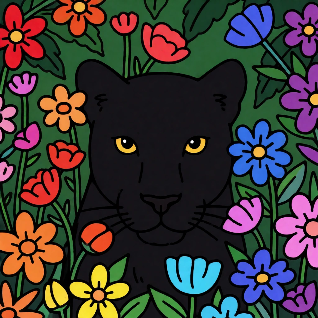 A panther in a jungle, colorful flowers, using every color of the rainbow, flat illustration, thick solid black lines