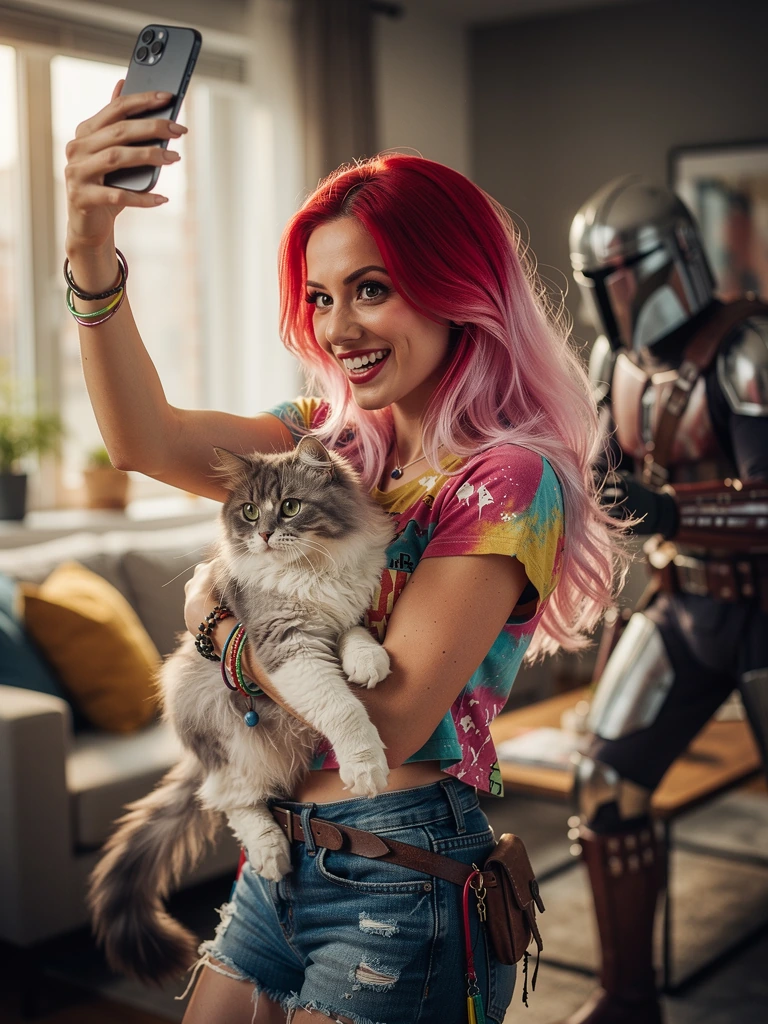 Crazy girlfriend, red pink platinum, ombre hair, taking his cell phone with her cat and getting photo bombed by the Mandalorian as he sneaks up behind her
