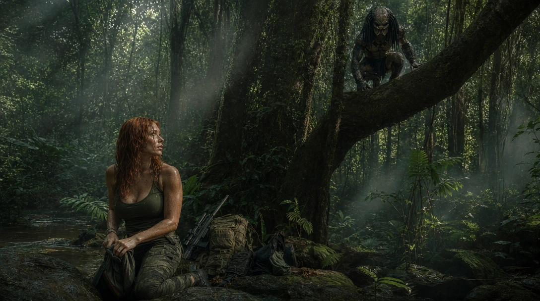 Predator crouching upon a high tree branch fully de-cloaked looking at a beautiful redhead female soldier in the jungle, her pack and weapons are piled beside a tree outside of the the Predator's sight. The Predator is trying to decide if she is prey