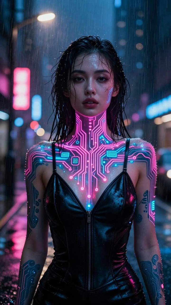 Woman with bioluminescent circuit-board tattoos crawling across her shoulders and collarbone in neon pink and electric blue, glowing softly beneath her skin. Black leather bodysuit, deep V-neckline. Standing in heavy rain on a cyberpunk street at nig
