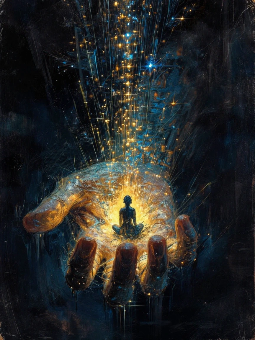 A detailed and cinematic photograph, capturing a magical, life-sized human hand meticulously composed of thousands of points of light. This ethereal s