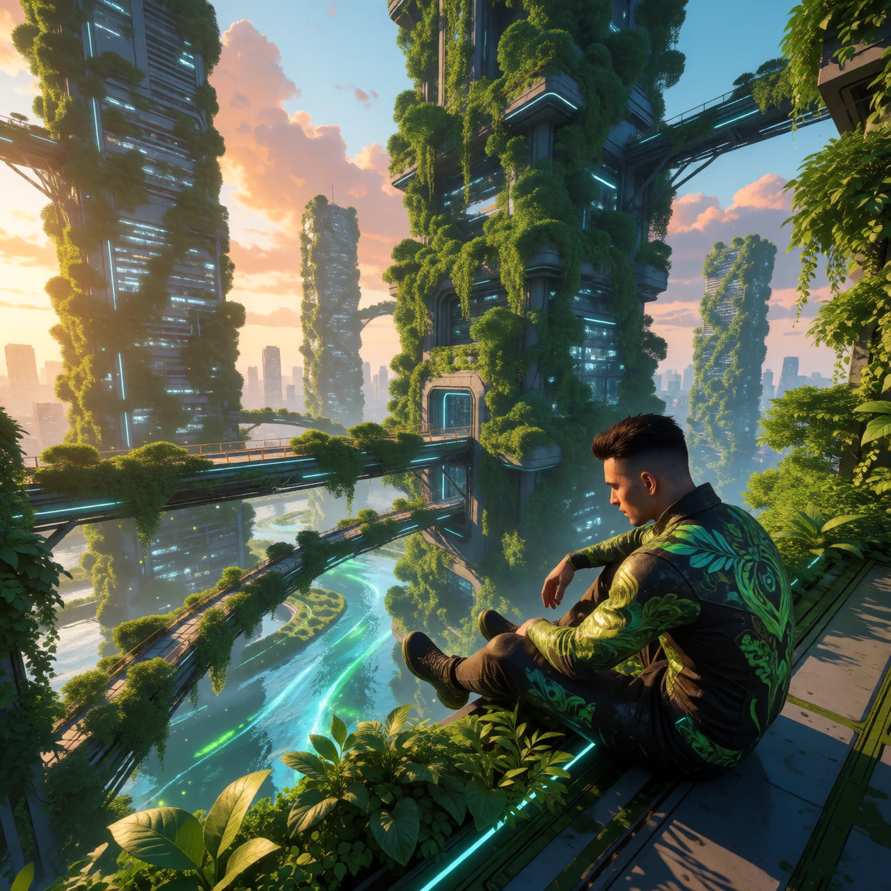 A futuristic eco-city covered in massive vertical gardens,where skyscrapers intertwine with lush greenery. A man wearing a futuristic outfit adorned with nature-inspired patterns sits on a rooftop platform,overlooking aerial walkways and flowing wate