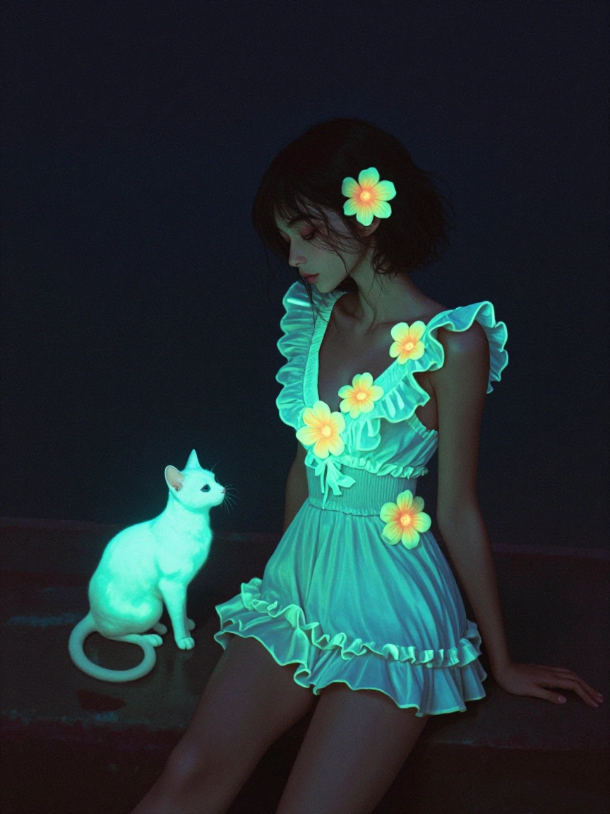 Woman in a frilly minidress and flowers . Cat nearby, All neon