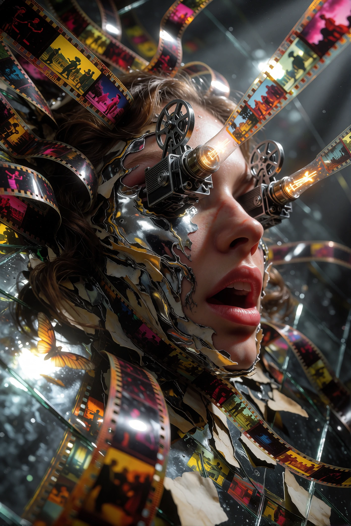 A woman's face emerging from layers of melting archival paper and old film negatives, her features halfdissolved into flowing ink and photographic emu