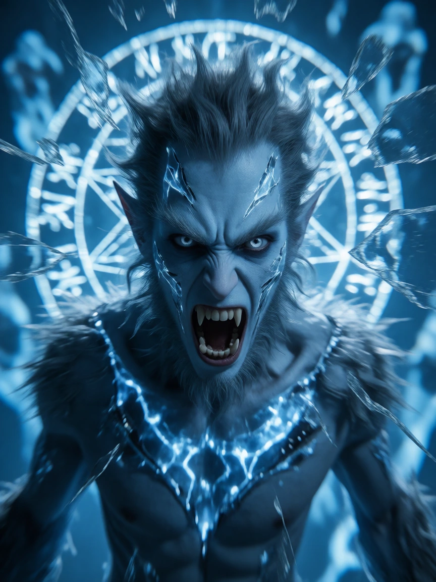 Vampire-werewolf hybrid with luminescent porcelain-blue skin and pulsing white eyes each containing an inverted tarnished gold cross, face caught mid-transformation with fractured skin peeling away to expose raw flesh and shifting fangs, pointed ears