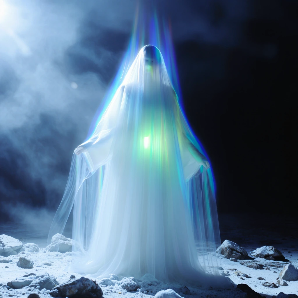 The ghost of a glacier: translucent blue-white form dissolving into opalescent mist, edges bleeding cyan and violet through chromatic aberration, core glowing with bioluminescent pale green, surrounded by prismatic light refracting into spectral band