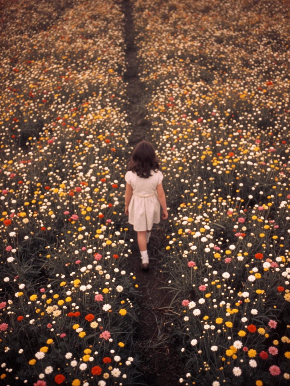 monochrome girl walking through field of colorful flowers