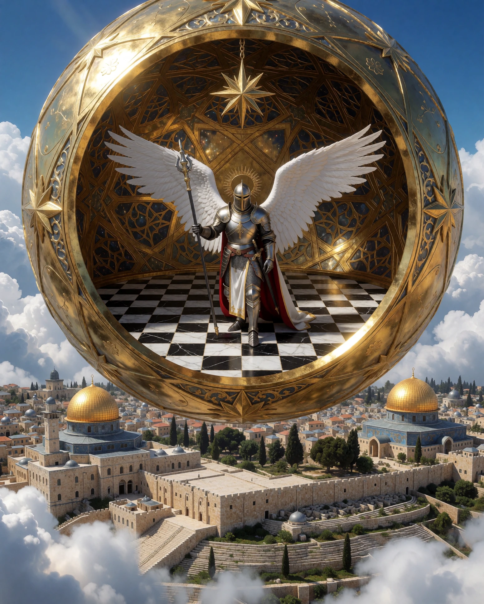 Winged armored Crusader standing on a black‑and‑white checkered floor inside a large ornate golden spherical structure suspended above a clouded Jerus