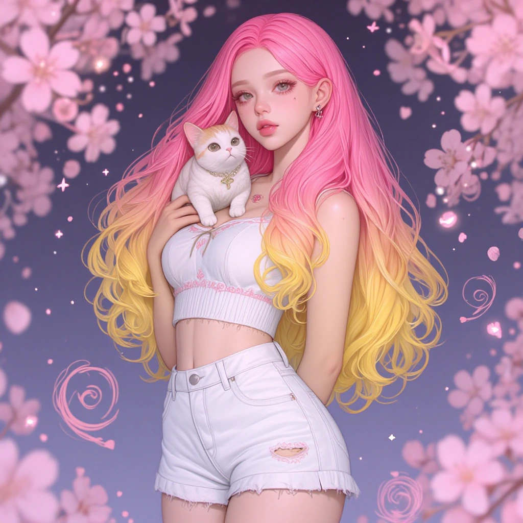 Beautiful woman, pink and yellow ombre hair, with a cat, white jean cutoffs, crop top, manga illustration, 3-D, airbrushed, cherry blossoms, swirls, and lights
