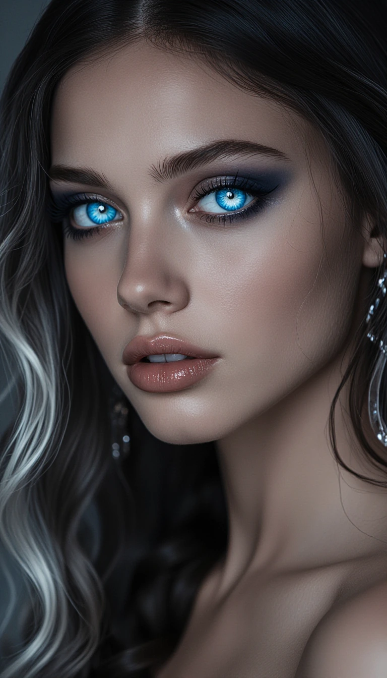 Close-up portrait of a beautiful supermodel from another dimension with striking, otherworldly eyes. Her irises are electric blue with a deep sapphire outer ring transitioning into bright icy cyan near the center, featuring intricate crystalline radi