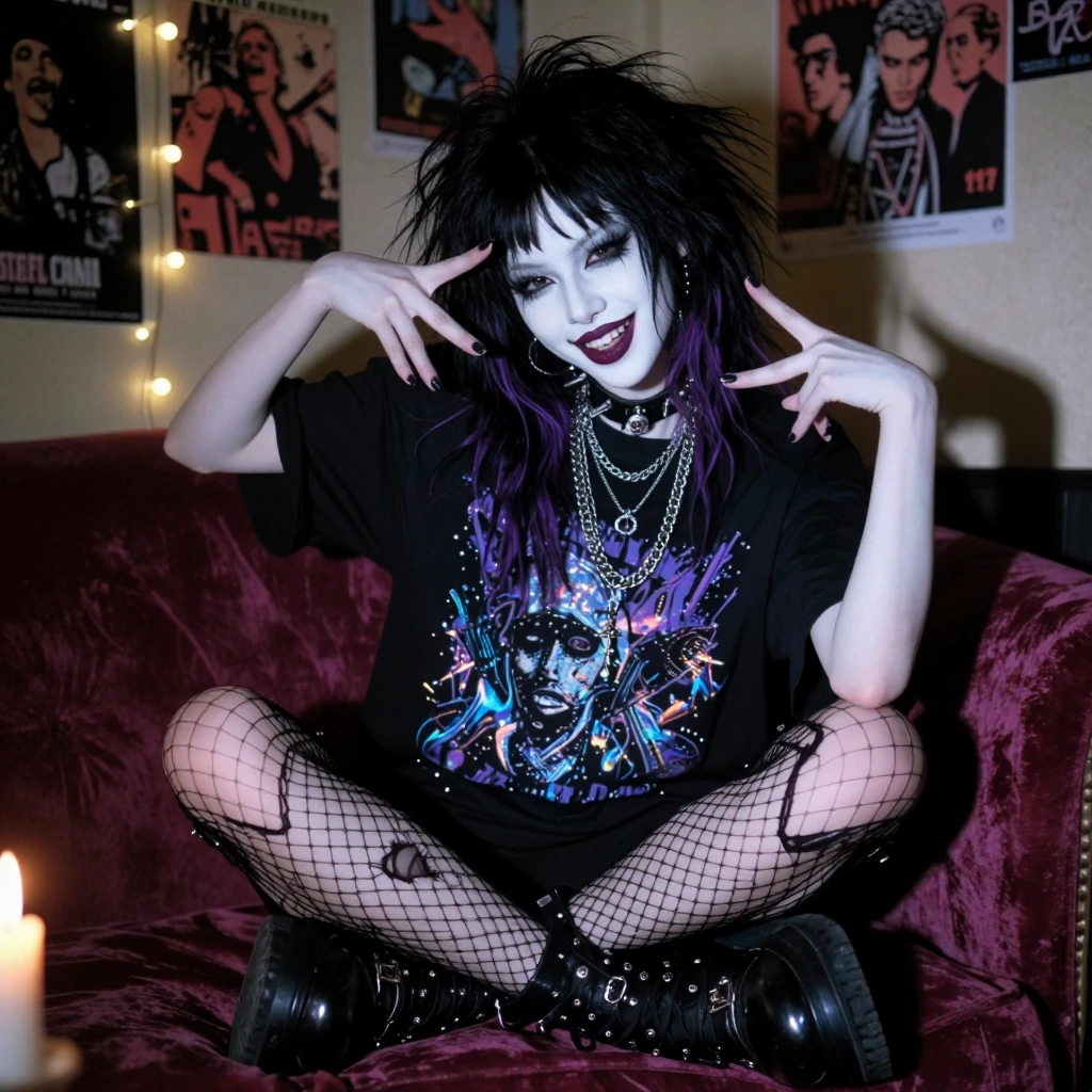 Pale porcelain skin, dramatic heavy black eyeliner with artistic wing flicks, deep burgundy lips, gothic aesthetic, petite frame wearing oversized bla
