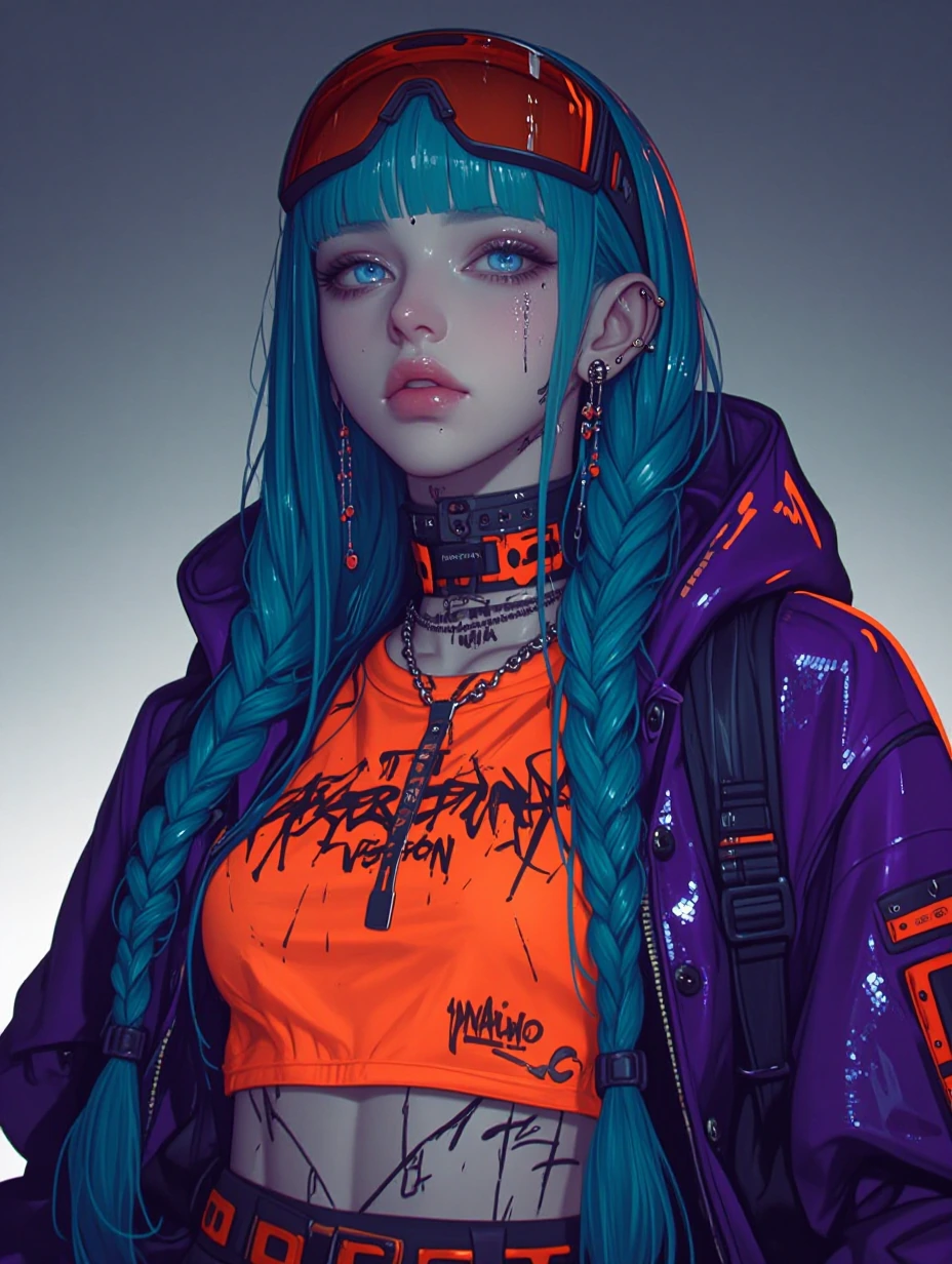 # Cyberpunk Vision A striking digital character embodies futuristic rebellion with striking blue eyes and porcelain skin. Teal braids adorned with bro