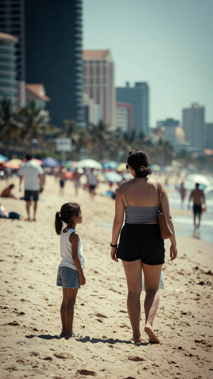 a mother and daughter at the beach bright sunny day