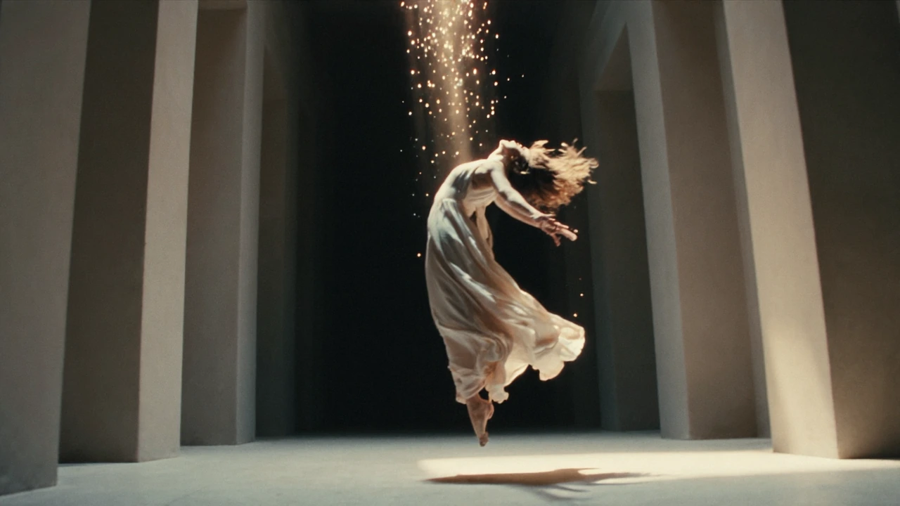 An epic cinematic digital painting of an enigmatic woman fully levitating several feet above the ground, her body arched back in complete surrender, a