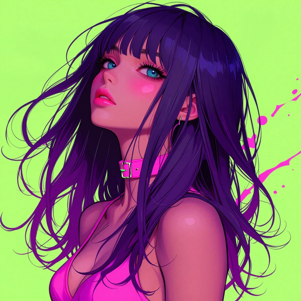 1girl , solo , choker ,neon colors, colors splash effect, long hair , masterpiece, best quality, amazing quality , n3k0, no lineart, reij-incs,