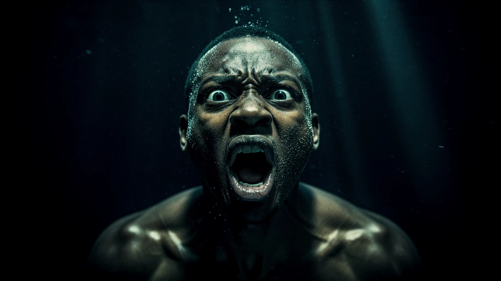 Photorealistic cinematic still of a Black man trapped and floating in an endless black underwater void, screaming silently in pure terror. Extreme close-up on his face showing raw emotion — wide terrified eyes, screaming mouth, water distortion on sk
