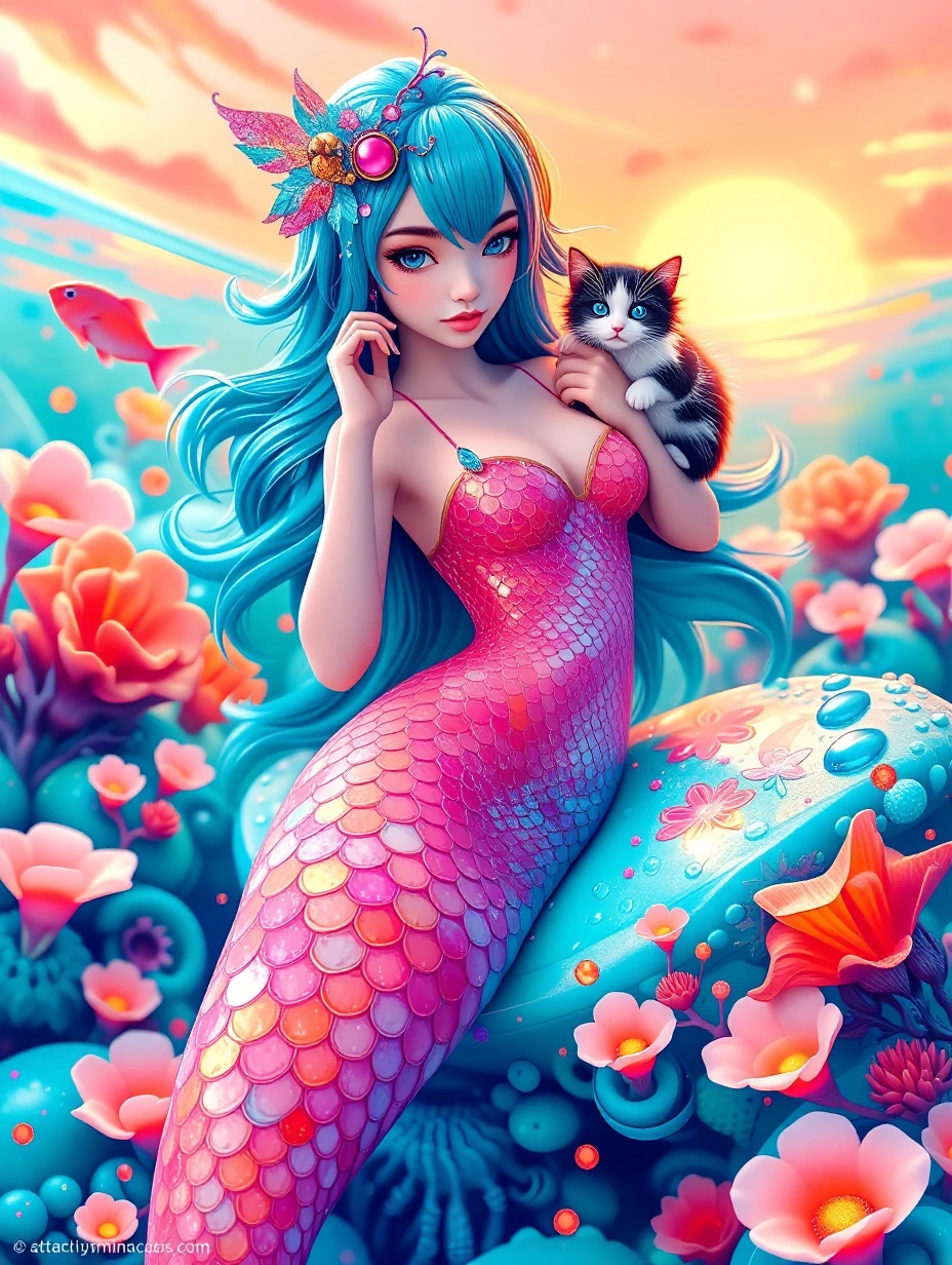 Beautiful, mermaid, aqua, pink, peach, glistening scale, peach, sunset, coral and beautiful ocean fish, with a cat, airbrushed 3-D manga style, Japanese inspired