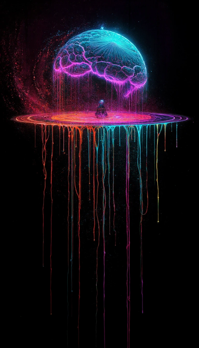 Manifest the physical form of higher consciousness. You must harmonise the grand dance of a swirling galaxy with deep, unshakeable peace STYLE:** Celestial surrealism and prismatic brilliance