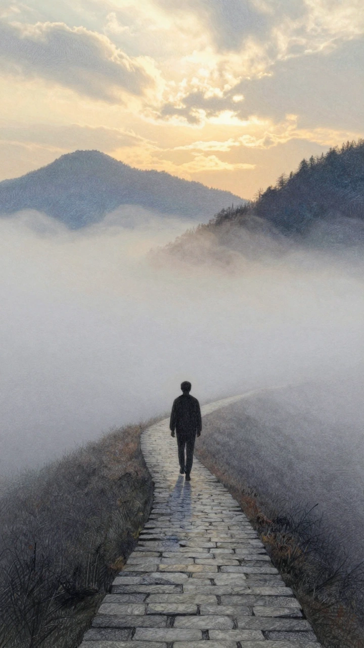 A lone figure in silhouette walking a narrow stone path that curves into dense white fog, golden dawn light breaking through clouds above but kept soft and diffused, surrounding mountain peaks suggested only as dark layered shapes dissolving upward i