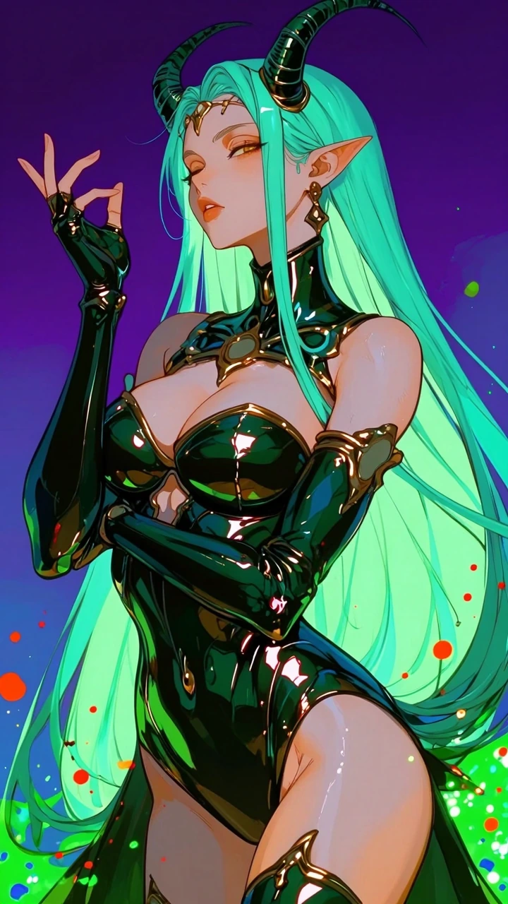 a digital illustration in a vibrant, fantasy art style, it features a young woman with a determined expression, she has long, flowing, teal hair with a slight wave, and her skin is pale. Her eyes are closed, and her lips are slightly parted, giving h