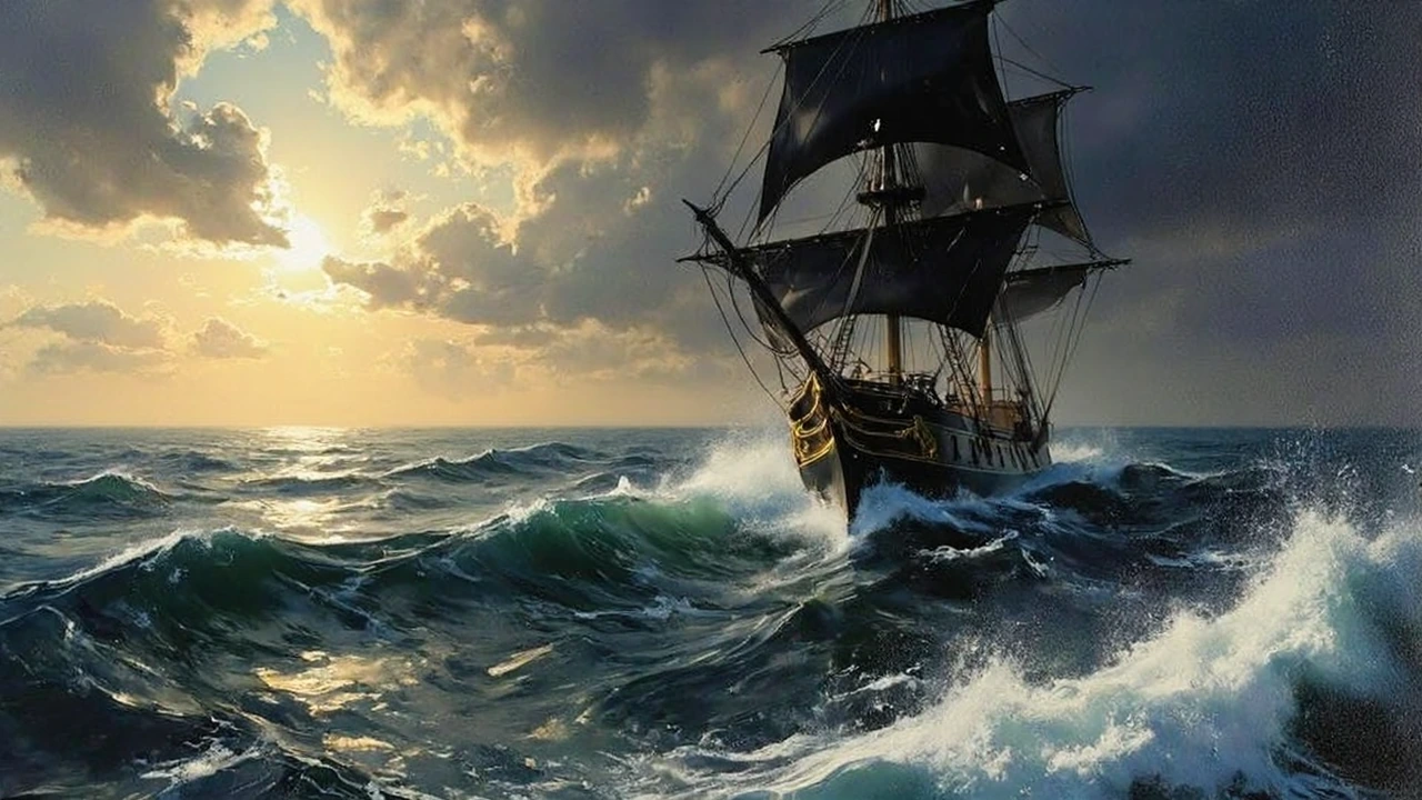 A oil painting in a thick impasto style of a pirate galleon in stormy seas with a golden ray of sunshine in the distance.