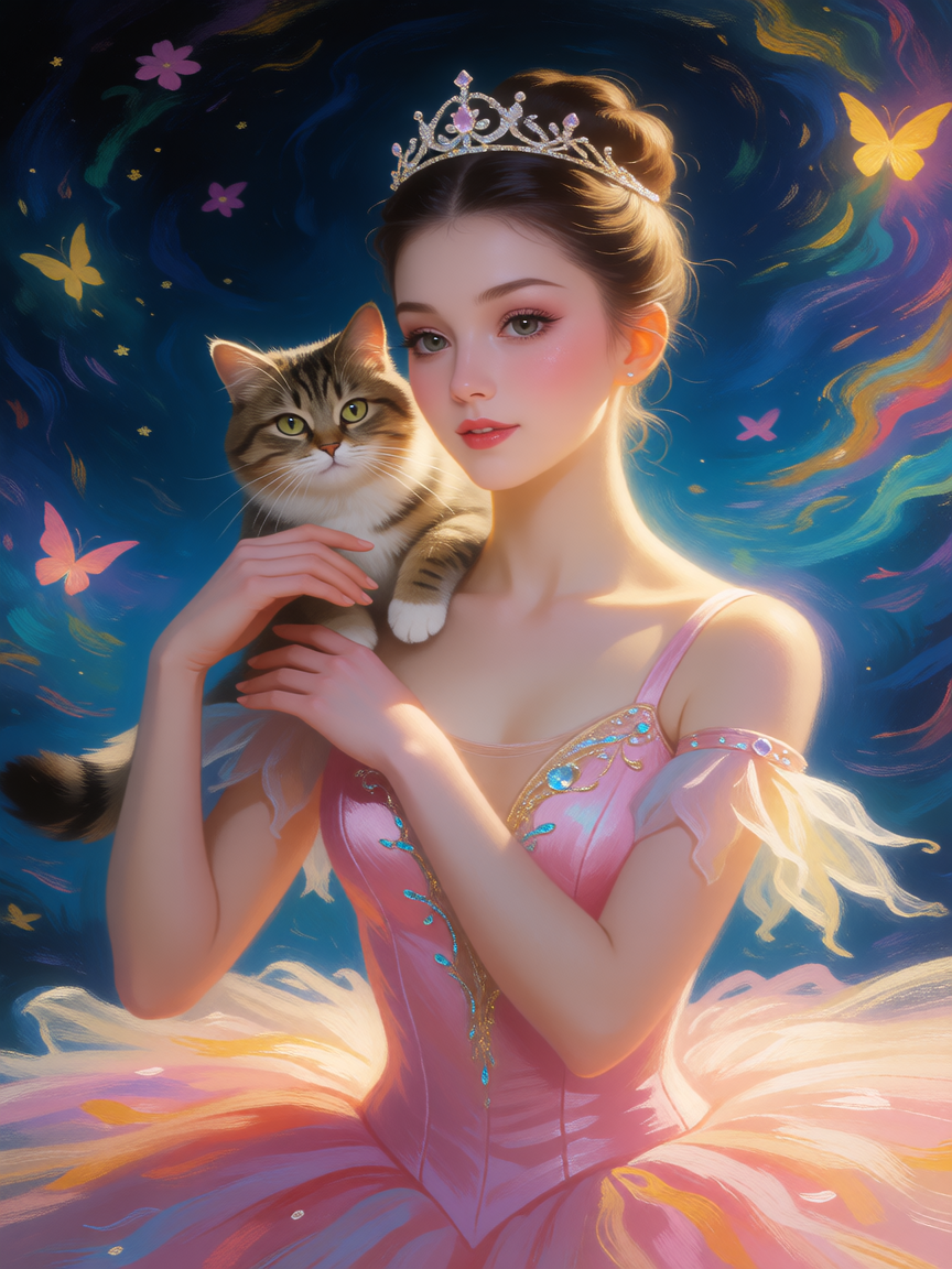 Gorgeous ballerina, cat on shoulder, luminism