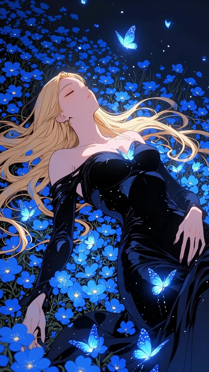 Anime-style fantasy illustration of a serene woman with long flowing blonde hair lying gracefully among dense glowing blue flowers in a moonlit meadow, sleek form-fitting black dress with subtle shimmer, eyes closed with a calm peaceful expression, b