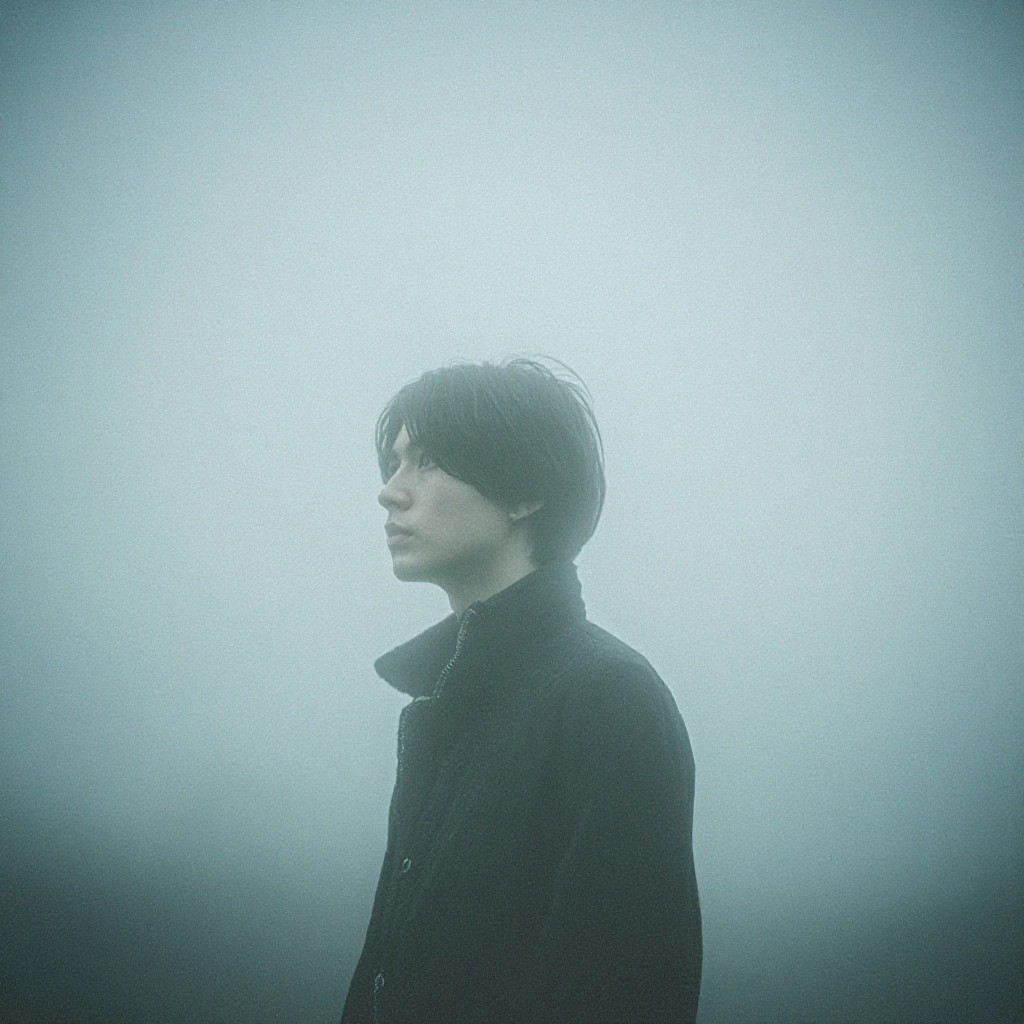 lone silhouette dissolving into silver mist