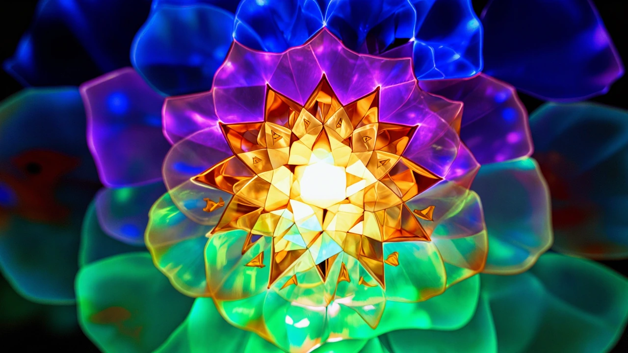 A crystalline form suspended in void, its surface breathing between solid and vapor—shifting through colors glimpsed only in peripheral vision, hues that feel rather than exist. Recursive geometries fold inward toward a glowing core that resonates wa