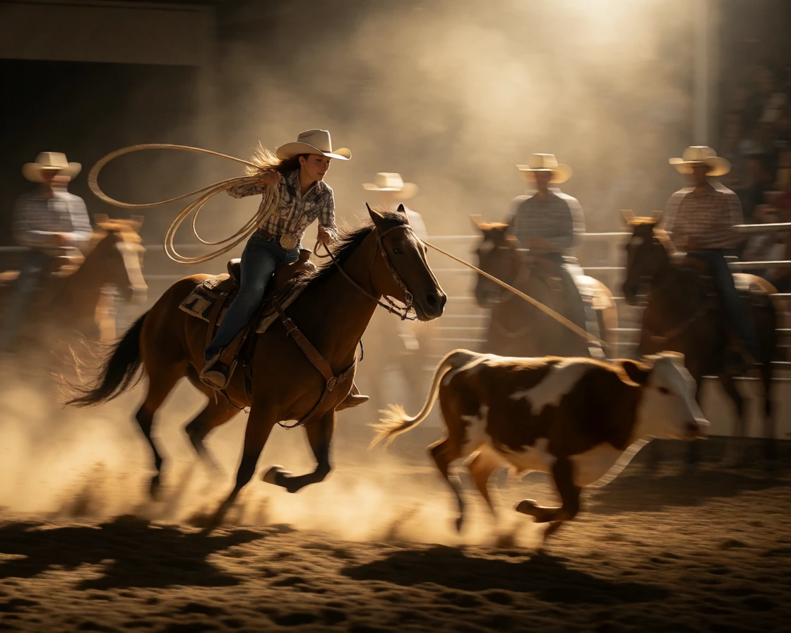 Cowgirl on a galloping horse inside an arena, swinging a lasso toward a running calf. Dust kicks up around the horse’s legs, illuminated by warm golden light and a strong spotlight. Background cowboys on horseback watch from behind the fencing. Motio