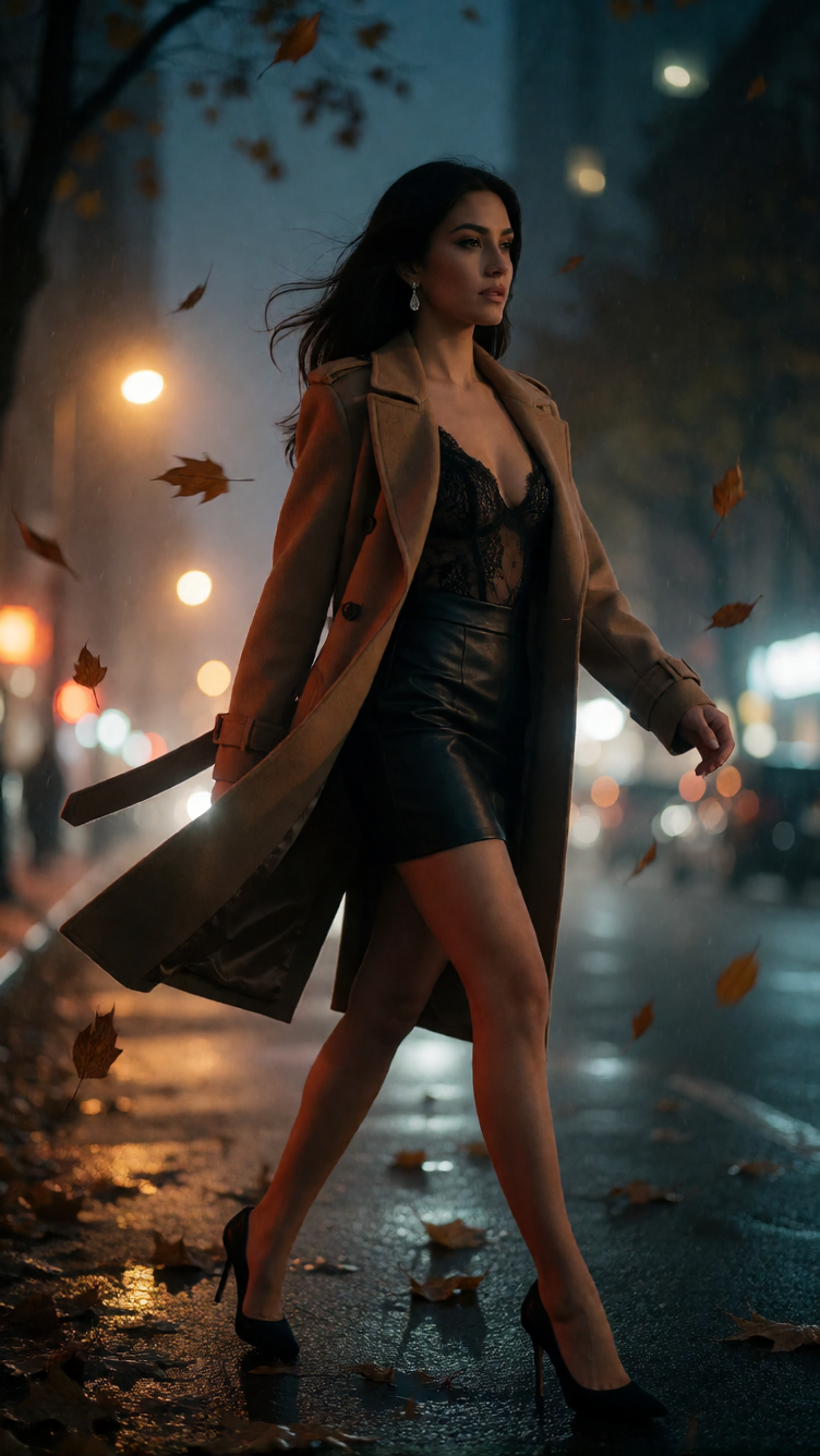 a seductive woman striding through a neon-lit city street at night, the moment before the first autumn storm breaks. Wind whips fallen leaves and opens her tailored camel trench coat, revealing a sheer black lace bodysuit, tight leather mini skirt, s