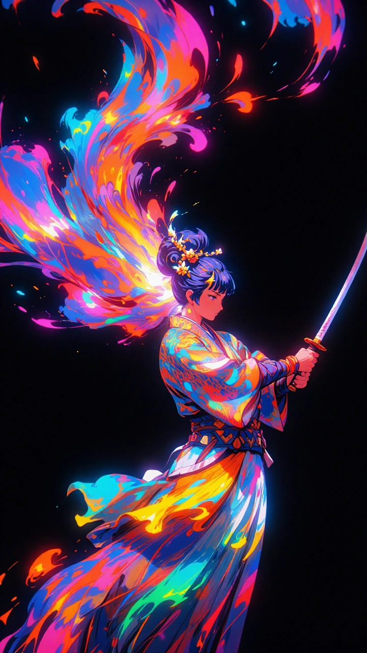 A dynamic painterly abstract artwork of a lone samurai figure in a vibrant flowing kimono, full-body 3/4 view, wielding a katana held in both hands, h
