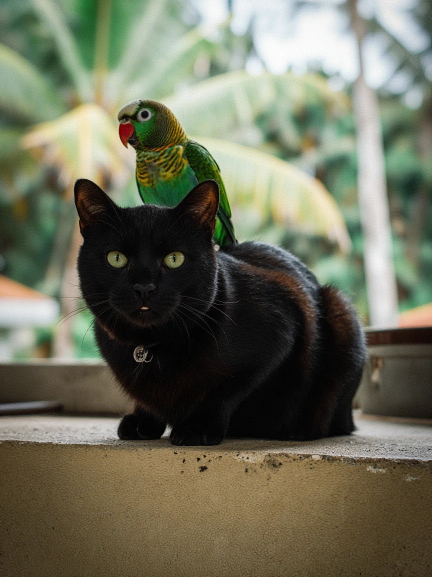 Black cat with a parrot friend. This is an amateur photo. Tropical background, but make it look really amateur just like somebody took it with a Kodak camera.