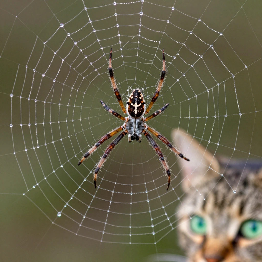 Spider meticulously working on its geometric web in sharp focus, dewdrops reflecting light like tiny mirrors, a cat's luminous green eyes watching from soft focus in the lower corner