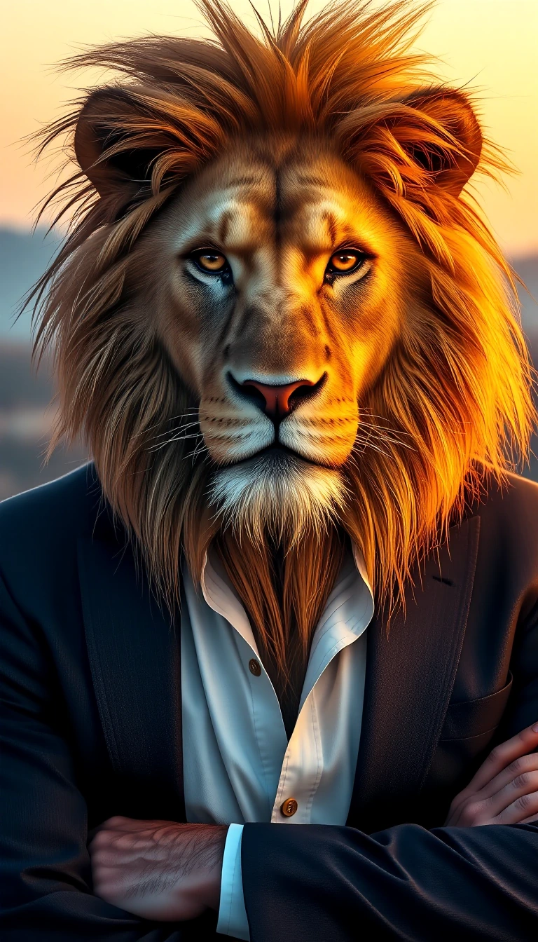 The image depicts an anthropomorphic lion, a figure that combines the animal's wild strength with human elegance and posture. Its body is tall, muscular, and proportionate like a man's, while its head is that of a majestic lion, with a thick, detaile