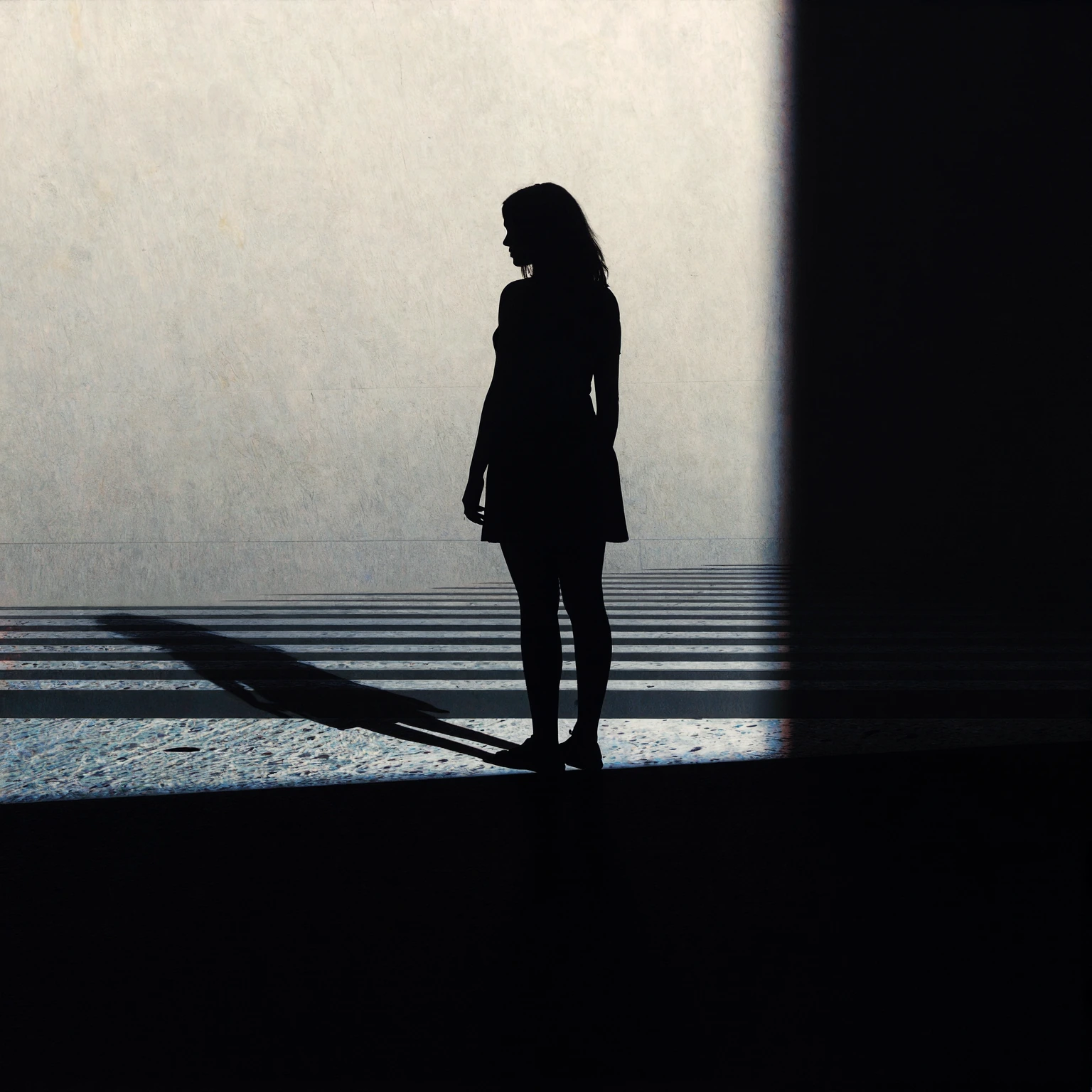 Conceptual digital art with an atmospheric, minimalist and dramatic style , depicting the solitary silhouette of a young woman standing in profile on 