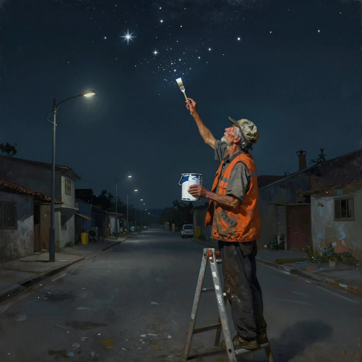An illustration depicting an elderly street cleaner standing on a tall ladder reaching toward the sky on an empty night street. He holds a can of whit