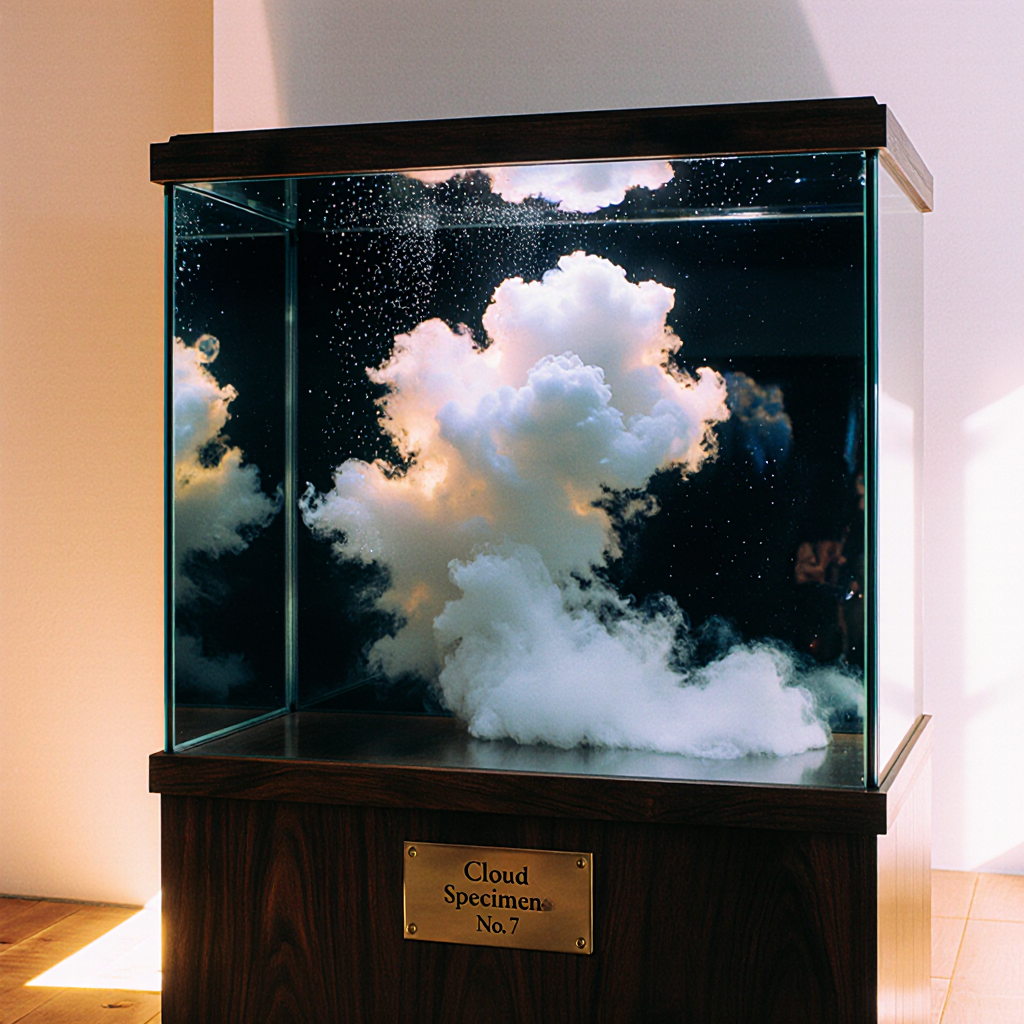 Capture a surreal aquarium tank filled entirely with living clouds instead of water, thick plumes of cumulus vapor drifting and curling behind thick g