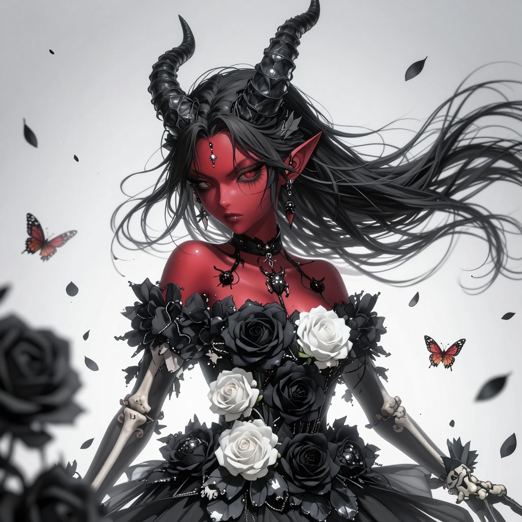 (masterpiece, best quality, amazing quality, very aesthetic, extremely detailed, very detailed, absurdres, newest, Aka-Oni, oni, (oni horns), colored skin, (red skin:1.3), smooth horns, black horns, straight horns, pointy ear, (close-up:1.5), dress, 