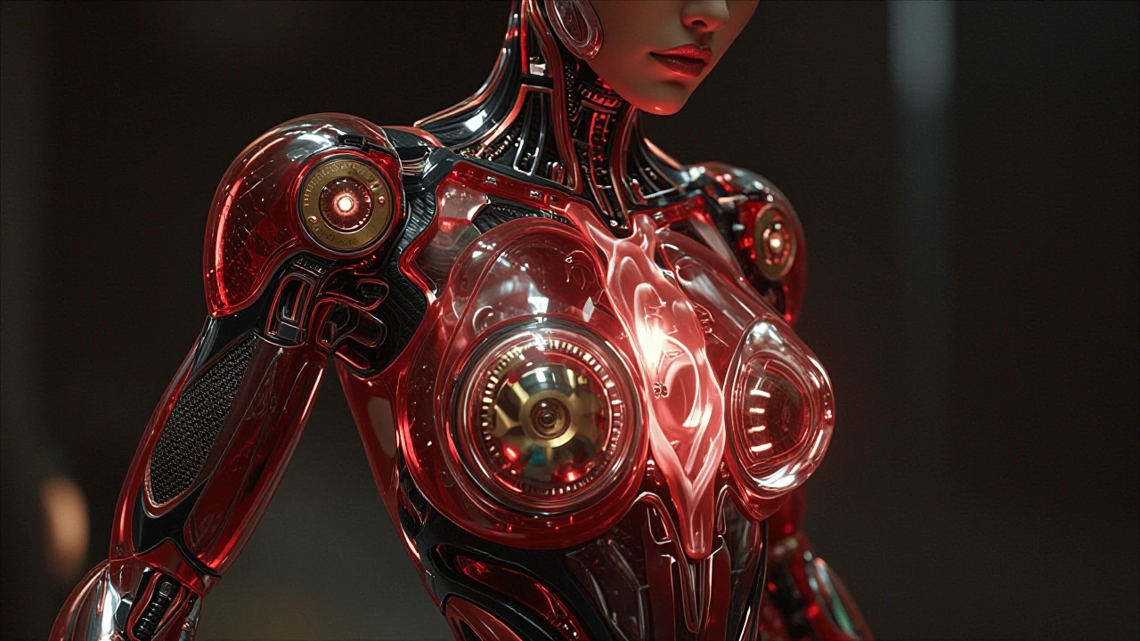 Subject & Aesthetic A wide-screen cinematic masterpiece depicting a high-concept female cyborg, "The Ruby Sentry," standing in a moment of poised stillness. The aesthetic is a fusion of avant-garde haute couture and advanced biomechanical engineerin
