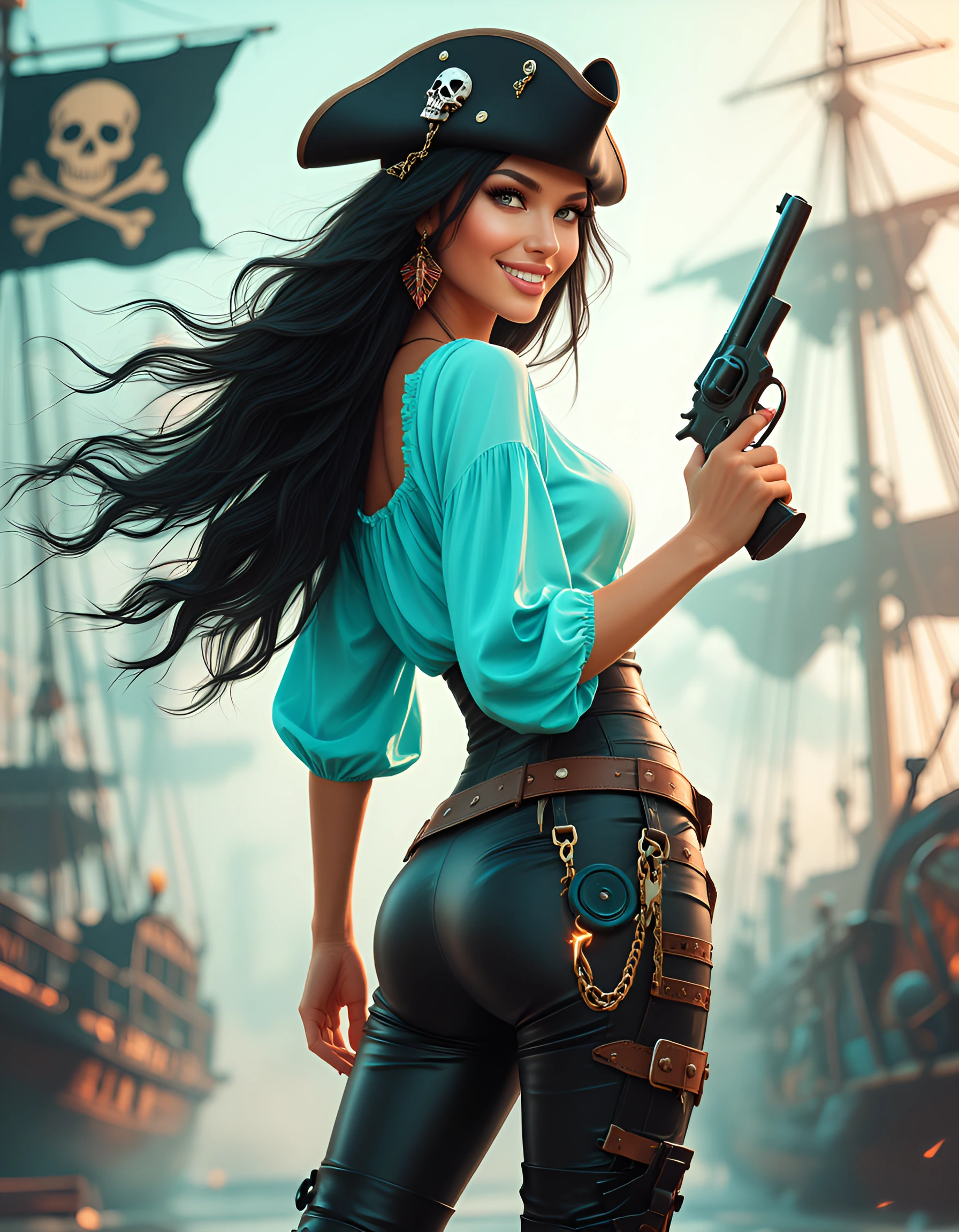 AI Digital Art style Professional waist up portrait photography of a stunning small waist and hips mid 20s female Pirate with long black flowing hair, her face is a flawless wax-doll-like warm peach skin, emotive gray eyes, full parted lips smiling a