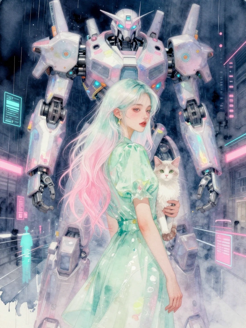 beautiful woman pastel green pink platinum ombre hair, with a cat, standing in front of a large mech, pastel acid-washed metal
