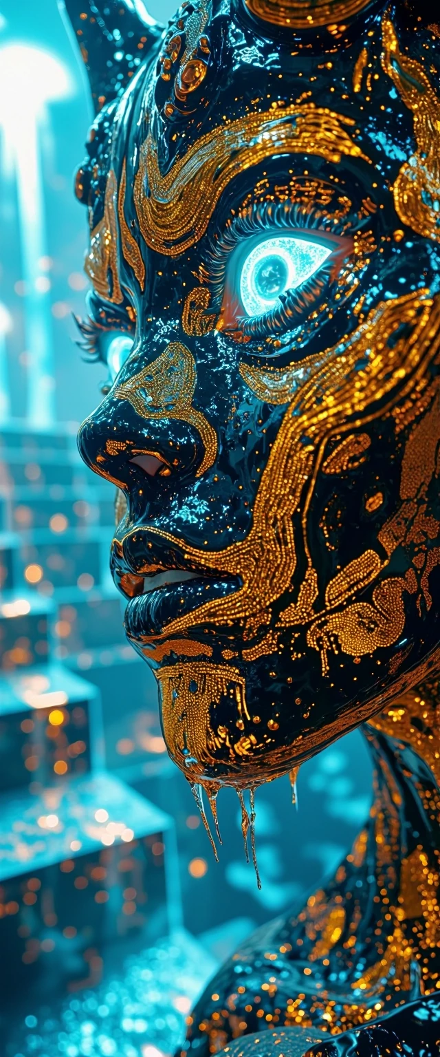 A hyper-detailed, macro-photography portrait of a transcendent, apex demonic entity made entirely of highly polished, Vantablack-like obsidian. The entity’s surface is intricately etched with microscopic, glowing gold cuneiform script and binary code
