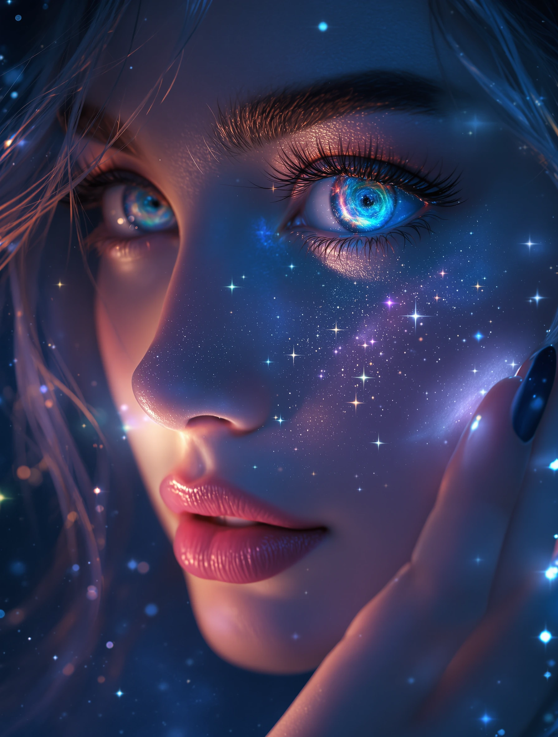 masterpiece, 8K ultra close-up portrait of a beautiful girl with a serene, peaceful expression. Her perfect, high-detail eyes are galaxies unto themselves, containing a swirling nebula of rainbow colors and distant stars, reflecting soft moonlight. T