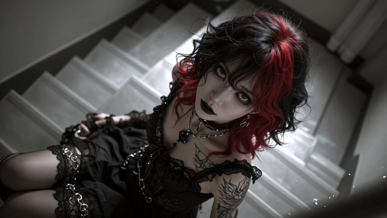 Goth girl with two-tone black and red hair. Short wavy hair. Black lace dress and black choker on her neck. Blackwork tattoo on her arm and black pend
