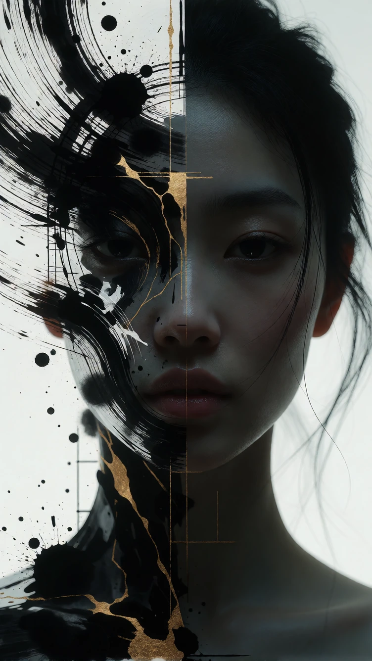 (masterpiece, best quality, absurdres), vertical splitportrait, cyberpunk neon pink glitch art, "Not What I Meant" theme, final acceptance or deviation, Asian woman's face fused with abstract sumie ink and architectural linework, left half dissolving