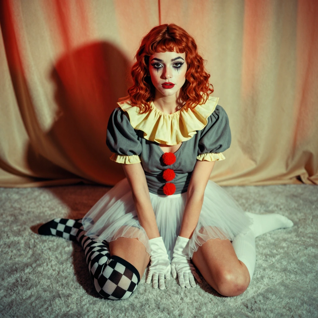 Photograph of a young woman with red, wavy hair sitting on a light gray, shaggy carpet. She's wearing a clown costume with a pale yellow ruffled colla